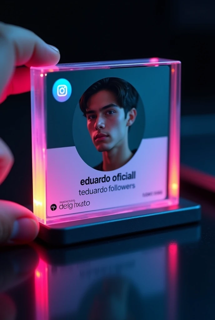 Create an Instagram profile on a glass name card on a black desk displaying the Instagram logo and a realistic profile picture of a teenager in a circle and "eduardooficiall" It is written in bold below the profile picture and 100.000 followers written, Instagram card shines Pink and blue color on the edge. A corner is held with two fingers.