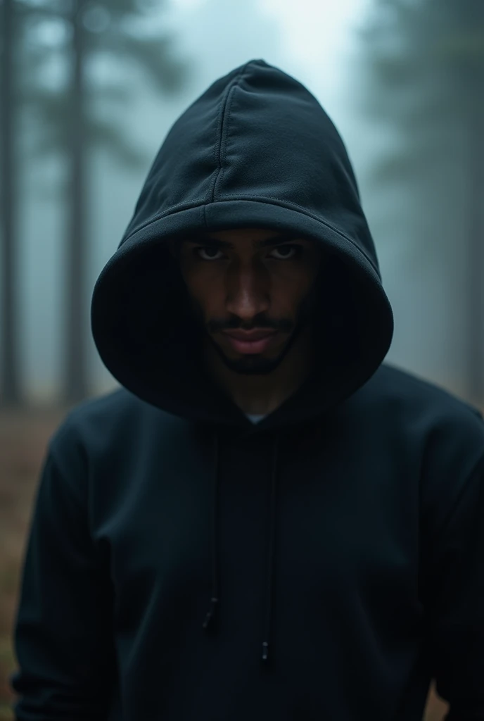 a cinematic cover art for a hit single featuring a close-up shot of a Hacker wearing a black hoodie with a cinematic foggy pine forest background