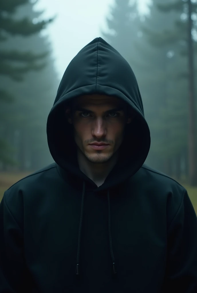 a cinematic cover art for a hit single featuring a close-up shot of a Hacker wearing a black hoodie with a cinematic foggy pine forest background