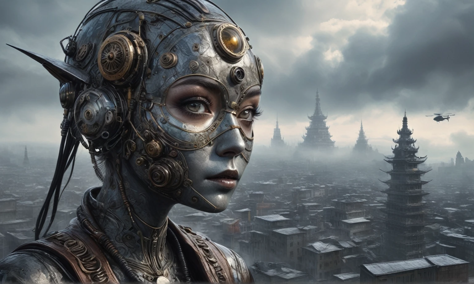 insane pilot from USSR ,pinhead, camouflage Rusty, Ambient in a meteorite ,graphite witch after a psychiatric clinic,winter,intricate landscape,slate grey atmosphere,film grain,faded,eyes extremely detailed,another world,ring of truth,view from height,once pretty face,eyebrow up,full body shot,ominous landscape, Simon Stalenhag,Nicola Samori,full body shot,beggar paladium The Alien Entity,Technicolor,natural skin textures, hyper realism, hyper detailed,Extremely detailed,High contrast,Masterpiece,Realistic,Ultra Detailed, intricate details,realistic humid leather,extremly intricate,Epic Realistic, cinematic style,irina yermolova,high contrast,hdr,extremely detailed, deep night landscape,masterpiece,intricate details,faded,eyes extremely detailed, high detailed eyes,8k resolution,RAW,retina, Nikon Z9,China,Guangxi Zhuang of China,tkt style,ears perfect, transition between two art styles, Ink painting to photorealism, Double contact, X-ray, Creative, vivid light, masterpiece, fantasy, Abstract Surrealism, super detailed, high resolution, stop:35;Her skin is pale, almost translucent,ancient rock,a hot air soars through the layers of clouds, revealing a colossal and enigmatic cityscape nestled within. The buildings in this ethereal city are adorned with intricate details and exude an aura of mystery. Above the cityscape, lend an enchanting touch to the scene. steampunk. The intricate mechanics create a sense of wonder and fascination, as if stepping into a dreamlike realism