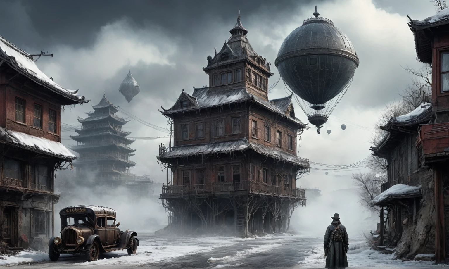 insane pilot from USSR ,pinhead, camouflage Rusty, Ambient in a meteorite ,graphite witch after a psychiatric clinic,winter,intricate landscape,slate grey atmosphere,film grain,faded,eyes extremely detailed,another world,ring of truth,view from height,once pretty face,eyebrow up,full body shot,ominous landscape, Simon Stalenhag,Nicola Samori,full body shot,beggar paladium The Alien Entity,Technicolor,natural skin textures, hyper realism, hyper detailed,Extremely detailed,High contrast,Masterpiece,Realistic,Ultra Detailed, intricate details,realistic humid leather,extremly intricate,Epic Realistic, cinematic style,irina yermolova,high contrast,hdr,extremely detailed, deep night landscape,masterpiece,intricate details,faded,eyes extremely detailed, high detailed eyes,8k resolution,RAW,retina, Nikon Z9,China,Guangxi Zhuang of China,tkt style,ears perfect, transition between two art styles, Ink painting to photorealism, Double contact, X-ray, Creative, vivid light, masterpiece, fantasy, Abstract Surrealism, super detailed, high resolution, stop:35;Her skin is pale, almost translucent,ancient rock,a hot air soars through the layers of clouds, revealing a colossal and enigmatic cityscape nestled within. The buildings in this ethereal city are adorned with intricate details and exude an aura of mystery. Above the cityscape, lend an enchanting touch to the scene. steampunk. The intricate mechanics create a sense of wonder and fascination, as if stepping into a dreamlike realism