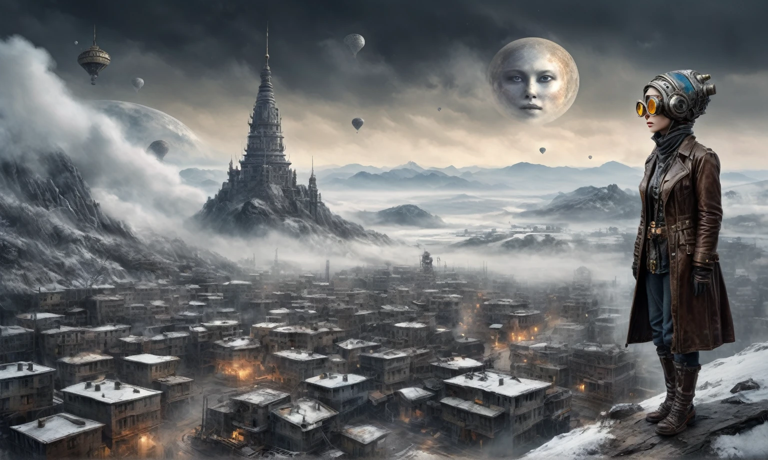 insane pilot from USSR ,pinhead, camouflage Rusty, Ambient in a meteorite ,graphite witch after a psychiatric clinic,winter,intricate landscape,slate grey atmosphere,film grain,faded,eyes extremely detailed,another world,ring of truth,view from height,once pretty face,eyebrow up,full body shot,ominous landscape, Simon Stalenhag,Nicola Samori,full body shot,beggar paladium The Alien Entity,Technicolor,natural skin textures, hyper realism, hyper detailed,Extremely detailed,High contrast,Masterpiece,Realistic,Ultra Detailed, intricate details,realistic humid leather,extremly intricate,Epic Realistic, cinematic style,irina yermolova,high contrast,hdr,extremely detailed, deep night landscape,masterpiece,intricate details,faded,eyes extremely detailed, high detailed eyes,8k resolution,RAW,retina, Nikon Z9,China,Guangxi Zhuang of China,tkt style,ears perfect, transition between two art styles, Ink painting to photorealism, Double contact, X-ray, Creative, vivid light, masterpiece, fantasy, Abstract Surrealism, super detailed, high resolution, stop:35;Her skin is pale, almost translucent,ancient rock,a hot air soars through the layers of clouds, revealing a colossal and enigmatic cityscape nestled within. The buildings in this ethereal city are adorned with intricate details and exude an aura of mystery. Above the cityscape, lend an enchanting touch to the scene. steampunk. The intricate mechanics create a sense of wonder and fascination, as if stepping into a dreamlike realism
