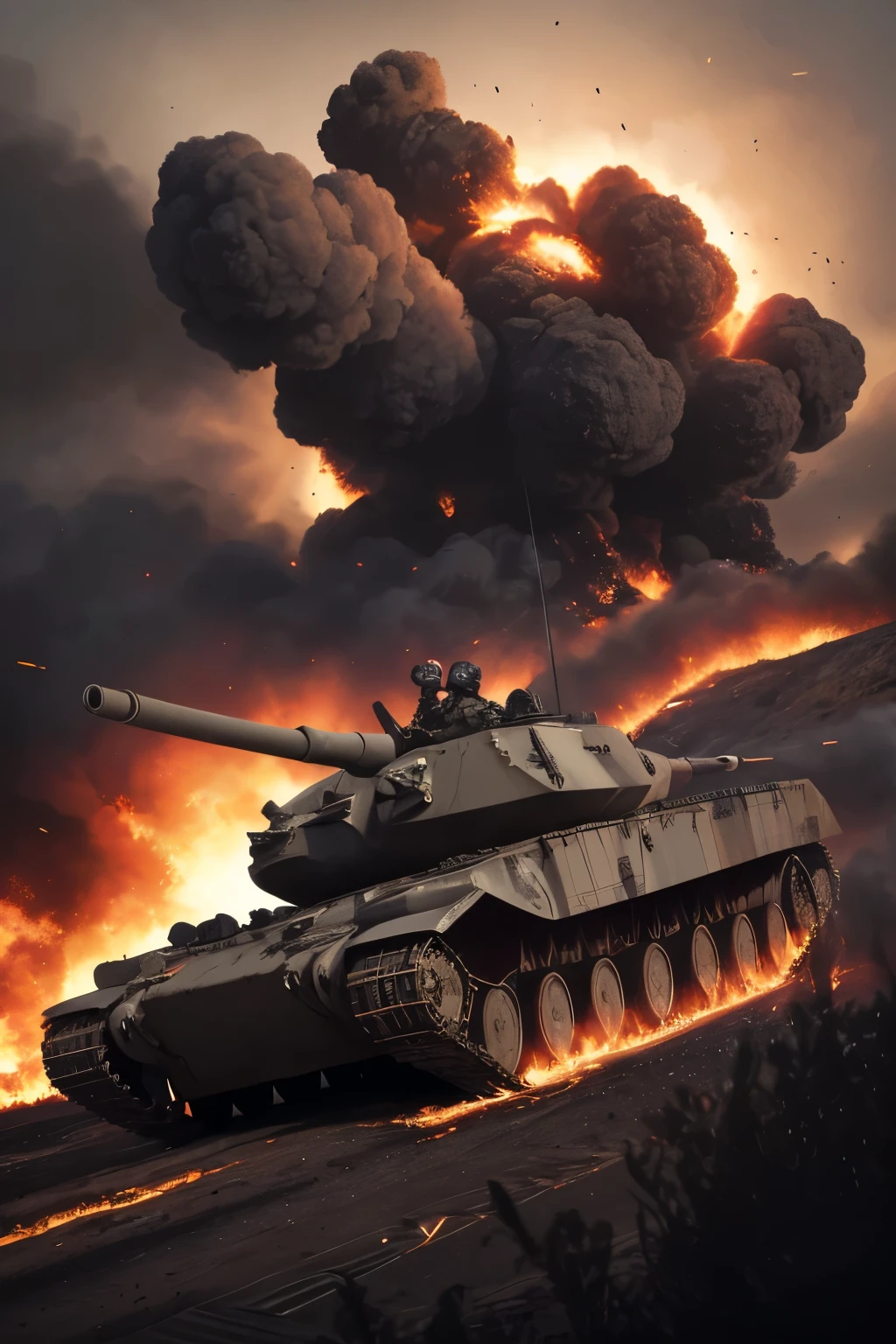 Armored Tank, bullets are fired from the barrels, the caterpillar spins violently and moves forward, the weight shakes the ground, flames and smoke from a huge explosion behind you, and fighter jets battle in the sky above, madeon,