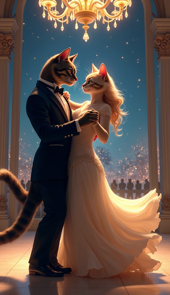 Scene 6: The Graceful Dance
Title: A Bold Dance Under the Stars
Description: Under a starry sky, the boy cat and the bold lady cat glide across a grand ballroom. His large paws guide her with gentle strength, yet her assertive movements and curvy figure reveal her equal role in this romantic dance. The chandelier above reflects their elegant forms, with his tuxedo shining brightly and her gown flowing around her like a soft breeze. The contrast in their size and the grace of their dance create a powerful and romantic image.