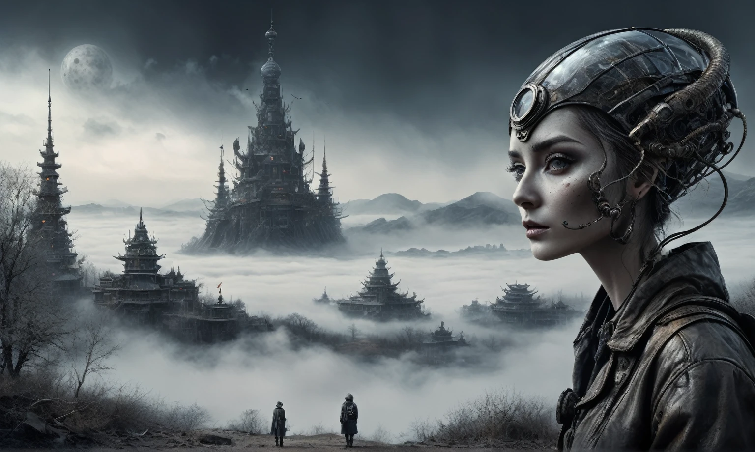 insane of USSR , and helmet Style, tongs in hands, pinhead, camouflage Rusty, Ambient in a meteorite ,graphite old witch after a psychiatric clinic,winter,intricate landscape,slate grey atmosphere,film grain,faded,snake's eyes extremely detailed,another world,ring of truth,French Braid with a Twist,view from height,once pretty face,eyebrow up,full body shot,ominous landscape, Simon Stalenhag,Nicola Samori,full body shot,beggar paladium The Alien Entity,Technicolor,natural skin textures, hyper realism, hyper detailed,Extremely detailed,High contrast,Masterpiece,Realistic,Ultra Detailed, intricate details,realistic humid leather,extremly intricate,Epic Realistic, cinematic style,irina yermolova,high contrast,hdr,extremely detailed, deep night landscape,masterpiece,intricate details,faded,eyes extremely detailed, high detailed eyes,8k resolution,RAW,retina, Nikon Z9,China,Guangxi Zhuang of China,tkt style,ears perfect, transition between two art styles, Ink painting to photorealism, Double contact, X-ray, Creative vivid light, masterpiece fantastic, Abstract, Surrealism, super detailed, high resolution, stop:35;(((creature with a spectral and ghostly appearance)). Her skin is pale, almost translucent,ancient rock,In a vibrant and mesmerizing artwork, a hot air soars through the layers of clouds, revealing a colossal and enigmatic cityscape nestled within. The buildings in this ethereal city are adorned with intricate details and exude an aura of mystery. Above the cityscape, lend an enchanting touch to the scene. steampunk. The intricate mechanics create a sense of wonder and fascination, as if stepping into a dreamlike realism
