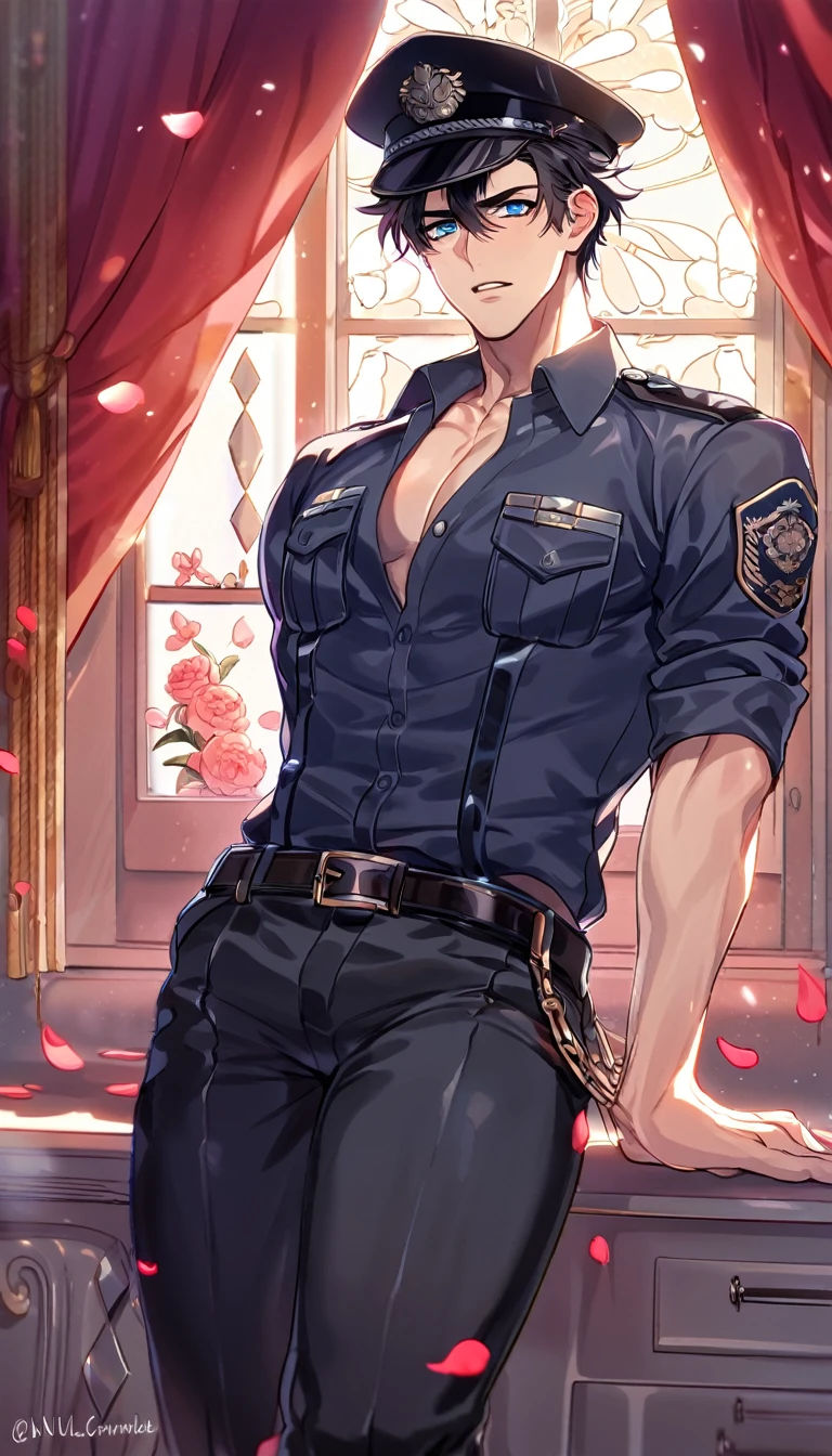 absurdres, highres, ultra detailed, HDR, master piece, best quality, Wriothesley, black hair, expressive blue eyes, Genshin Impact, solo, sexy man, handsome, horny, lewd, black police officer clothes, unbuttoned shirt, black hat, fantasy, police station, window, petals, flowers, room, red curtains, Nu Carnival
