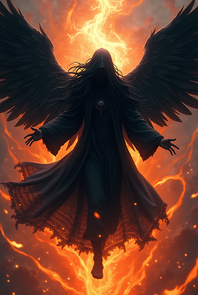 (Madara Uchiha) ( levitating) ( long wavy black hair) ( Black wings with Hebrew scriptures inscribed on them and set on fire) ( Black Aura of Fire) ( A hood that covers his face)