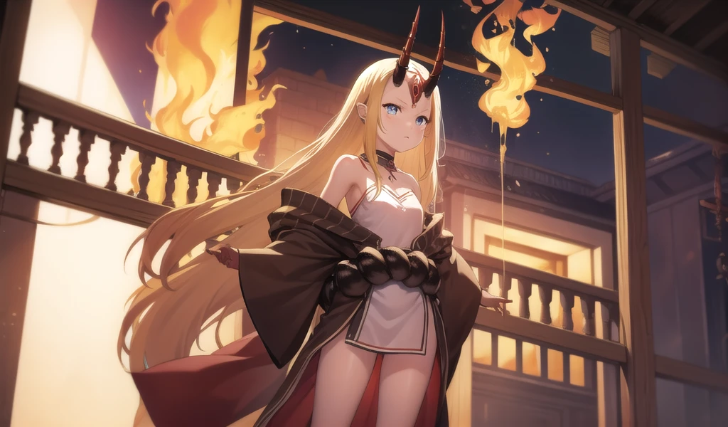 Flat-chested girl with long blond hair，Demon horn，kimono，thigh，Standing，flame