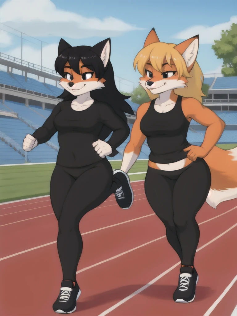 Furry, fox, female, black shirt, black leggings, shoes, running track, friends, full body