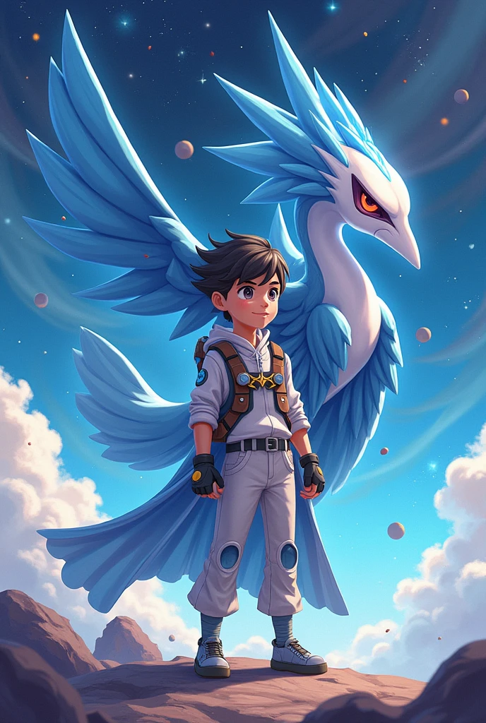 Create an avatar in the style of the Pokemon world of a boy who trains Pokémon from space and has the Pokémon Lugia as a partner.
