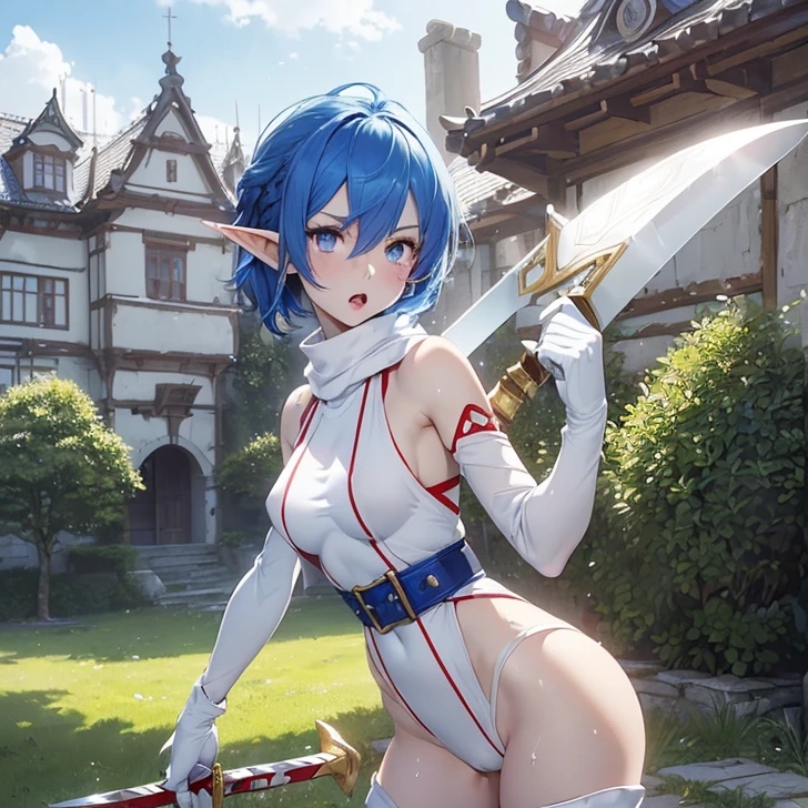 Absurdres, masterpiece, highest quality, very detailed features and textures, alone solo character, anime style, fantasy genre
{{(14 years old blue haired elf girl:(pale skin, short spiky sapphire blue hair, heterochromatic eyes, very thin lips, nice teenage body, breasts, big butt, beautiful arms, beautiful legs, serious face, open mouth patting),(white bodysuit, red long ainu themed scarf, white sleeves, white gloves, white boots, white leggings, yellow belt, yellow bag),(training sword fight, holding a giant claymore sword with two hands, sweating nervous, trying to stand),(castle training grounds, sunny morning, danish houses around)}}