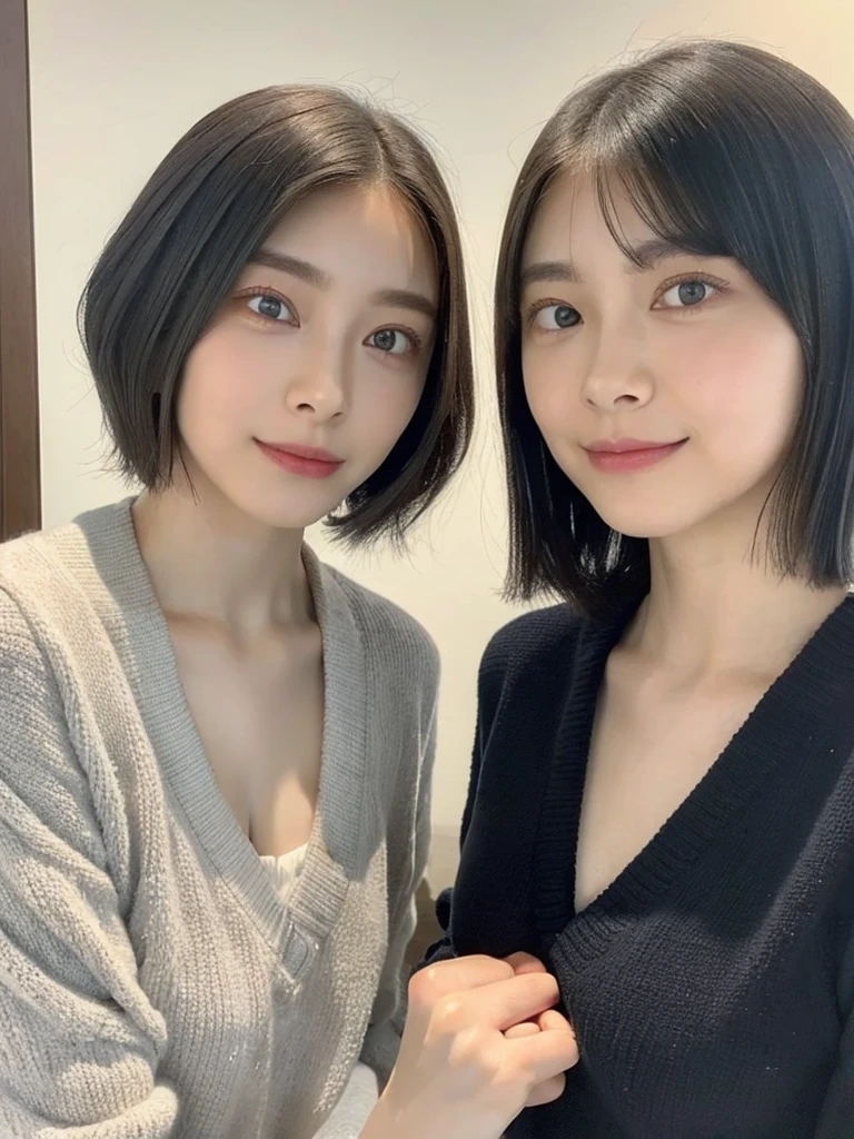 (masterpiece:1.3), (8k, Photoreal, Raw photo, best image quality: 1.4), Japanese high school girl、(random hairstyle:1.2)、cleavage:1.5、super detail face、eye for details、double eyelid、chest to chest、sharp focus:1.2、Beautiful woman:1.4、light brown hair、highest quality、masterpiece、超A high resolution、(Photoreal:1.4)、Highly detailed and professionally lit smiles、loose and light knitwear、shoulder out、thin、serious expression、short haired、deadly position
similar identical twins
All the girls have the exact same face, The two have the same face and figure, as if they were mirror images.