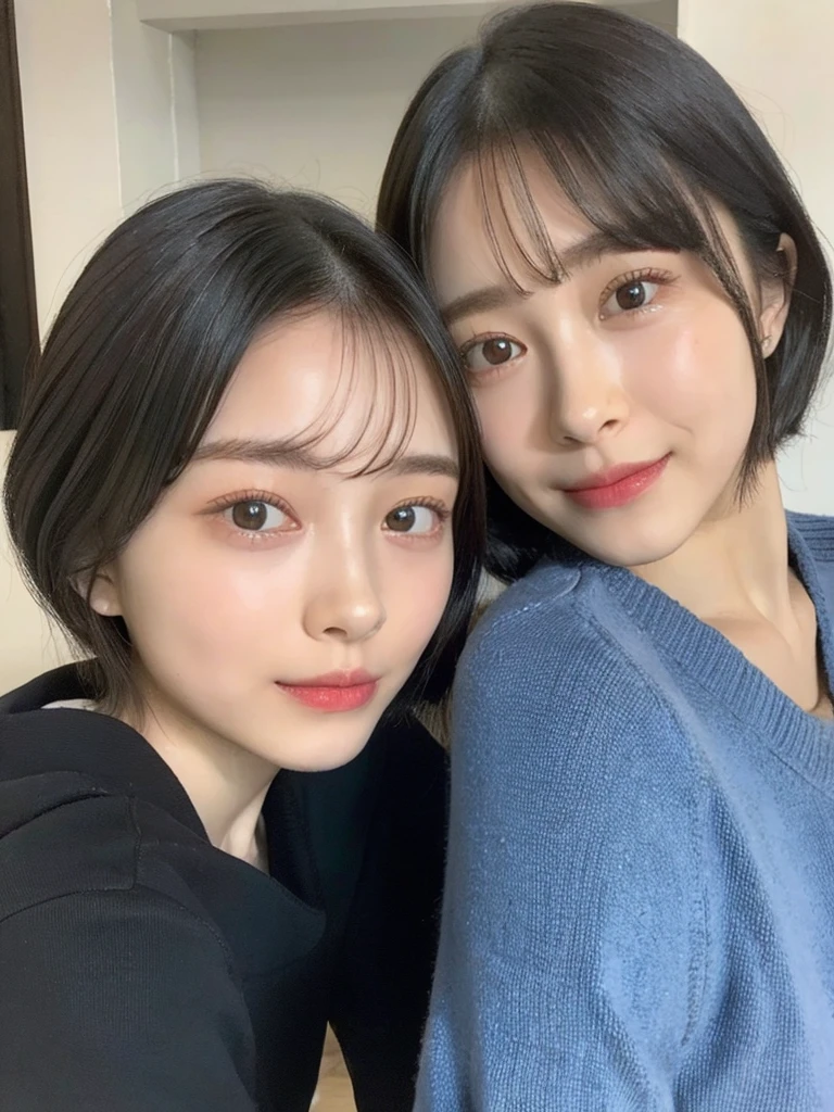 (masterpiece:1.3), (8k, Photoreal, Raw photo, best image quality: 1.4), Japanese high school girl、(random hairstyle:1.2)、cleavage:1.5、super detail face、eye for details、double eyelid、chest to chest、sharp focus:1.2、Beautiful woman:1.4、light brown hair、highest quality、masterpiece、超A high resolution、(Photoreal:1.4)、Highly detailed and professionally lit smiles、loose and light knitwear、shoulder out、thin、serious expression、short haired、deadly position
similar identical twins
All the girls have the exact same face, The two have the same face and figure, as if they were mirror images.