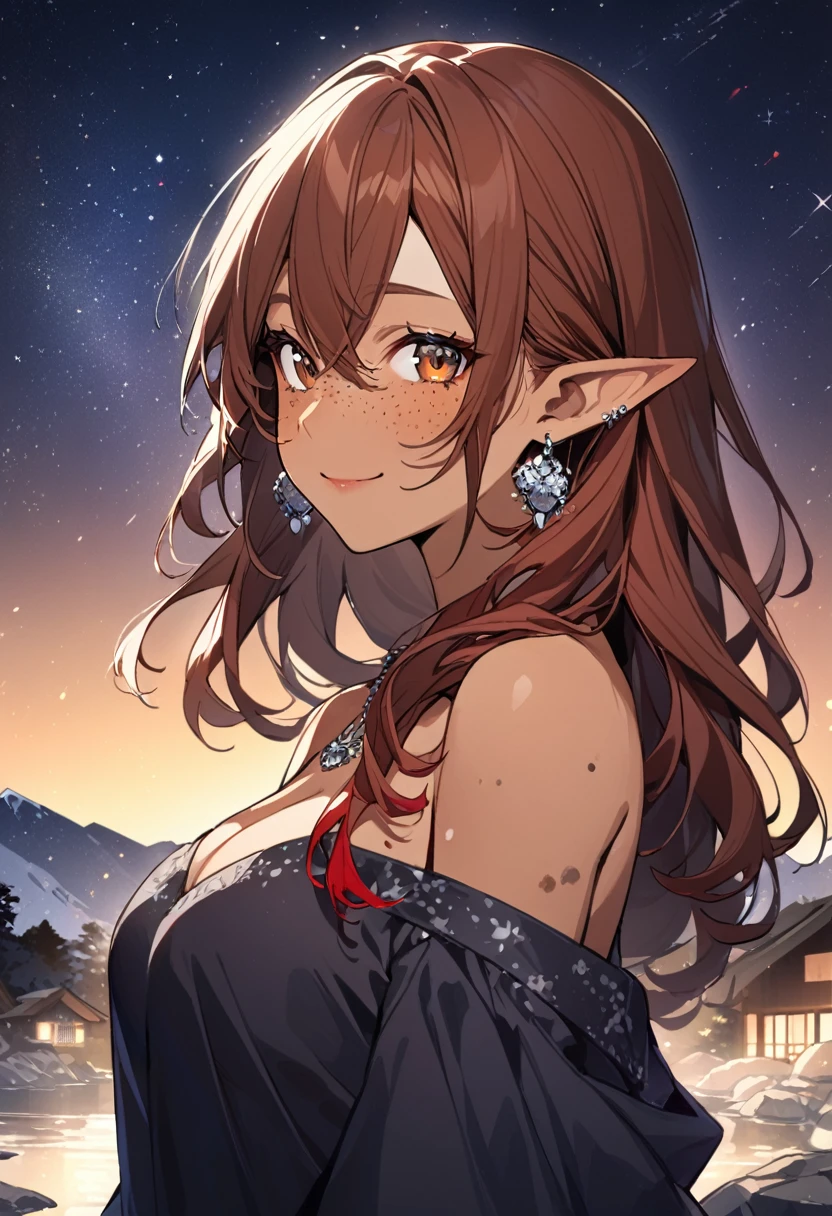 1girl, alone, long hair, breasts, looking at viewer, smile, brown hair, Vitiligo disease, cleavage, bare shoulders, brown eyes, jewelry, medium breasts,vitiligo face, upper body, red hair, earrings, sky, pointed ears, dark skin,dark blue dress, necklace, off shoulder, dark-skinned woman, night, elf, star \(sky\), starry sky, freckles, onsen, freckles on the body, various mountain, winter,More details, better quality, it's detail in the eyes