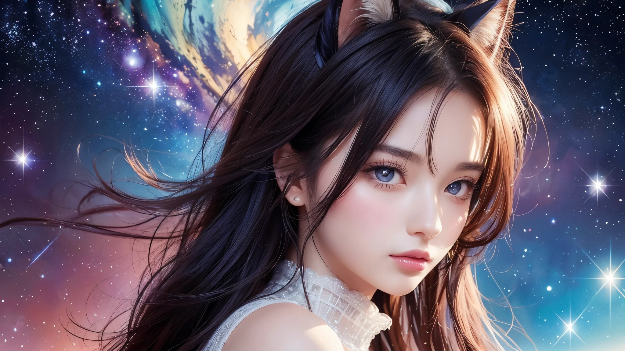 Portraiture (Strass) In space, Colors of the universe, Magnificent watercolor style, (Look to the side:1.1), Furry, (alone:1.1), There is a cat, Highest quality、１６ｋ、