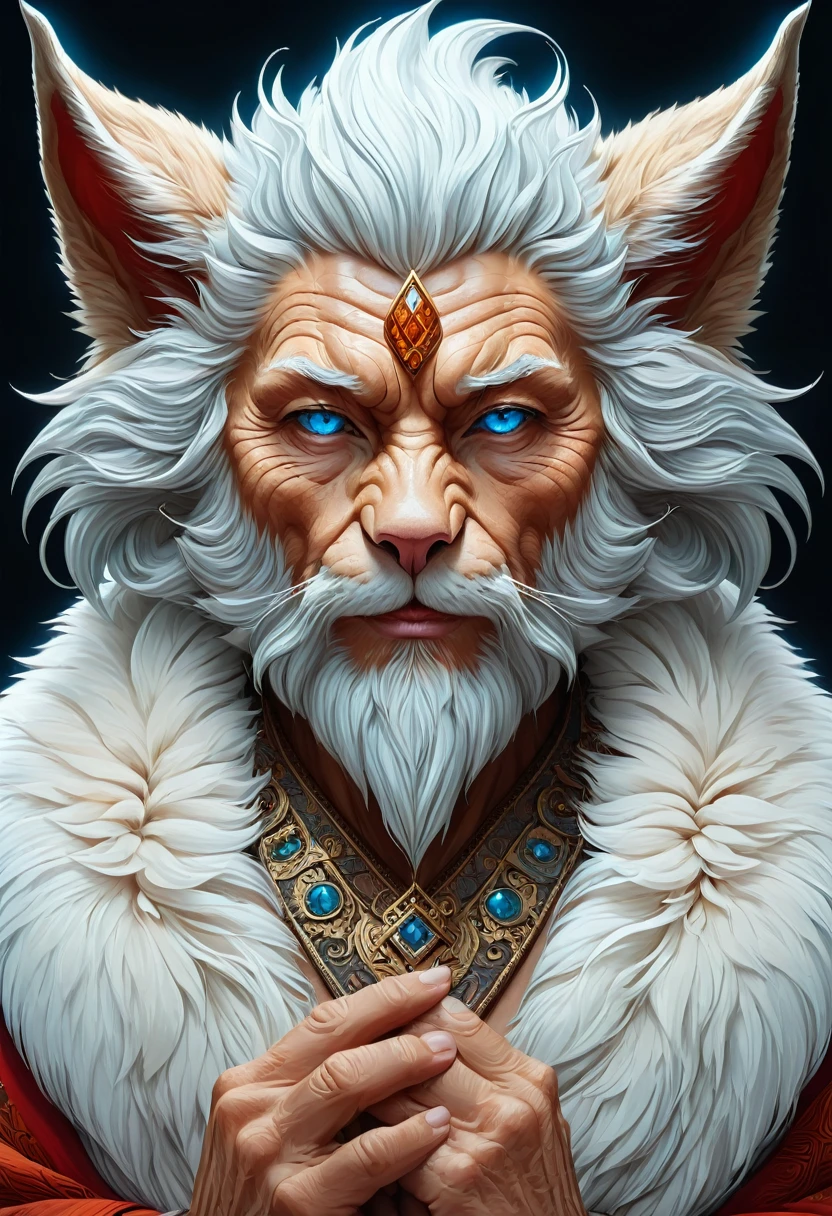 Anthropomorphic geriatric kitsune-satyr monk. red fur. Old, wrinkled ancient, decrepit. Crystal blue eyes. wise face. wizened. long detailed fingers. kind and gentle face. grandfatherly. Official Art – An Award-Winning Digital Masterpiece In 4K Ultra HD, Extreme Detail And Intricate Realism. Symmetrical Face. This bright and colorful Concept Art Brought To Life By The Hands Of Artists Like Wlop & Artgerm In A Stunning 2D Vector Illustration. Background Is A Panoramic Vista.

