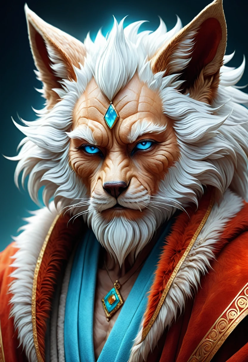 Anthropomorphic geriatric kitsune-satyr monk. red fur. Old, wrinkled ancient, decrepit. Crystal blue eyes. wise face. wizened. long detailed fingers. kind and gentle face. grandfatherly. Official Art – An Award-Winning Digital Masterpiece In 4K Ultra HD, Extreme Detail And Intricate Realism. Symmetrical Face. This bright and colorful Concept Art Brought To Life By The Hands Of Artists Like Wlop & Artgerm In A Stunning 2D Vector Illustration. Background Is A Panoramic Vista.
