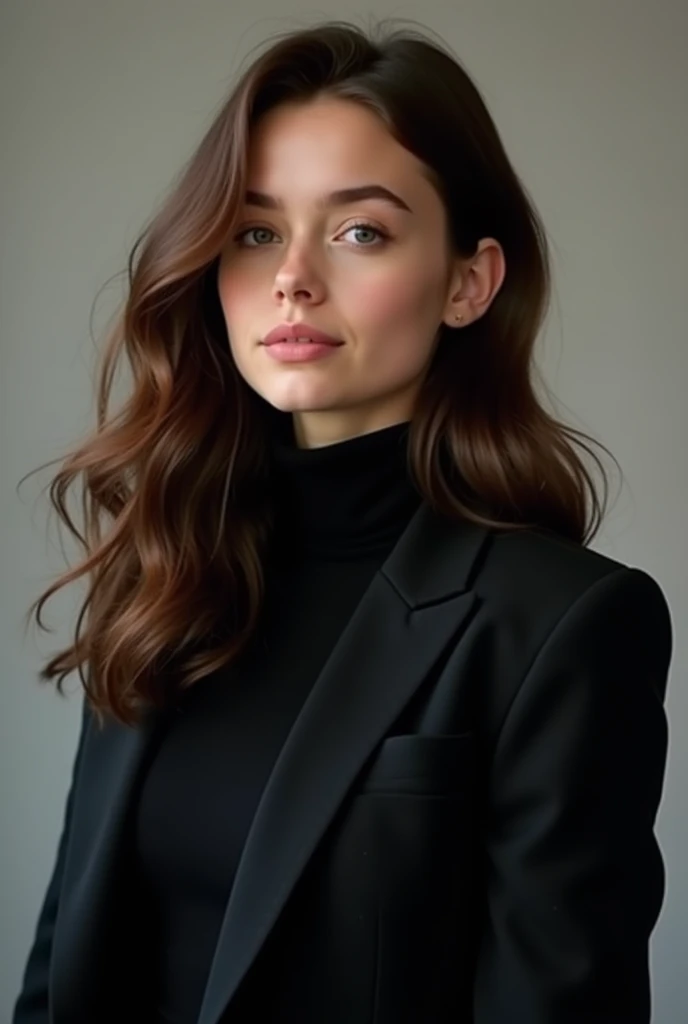 Cute European teen waves her hair, 18 years old black turtleneck jacket, black suit