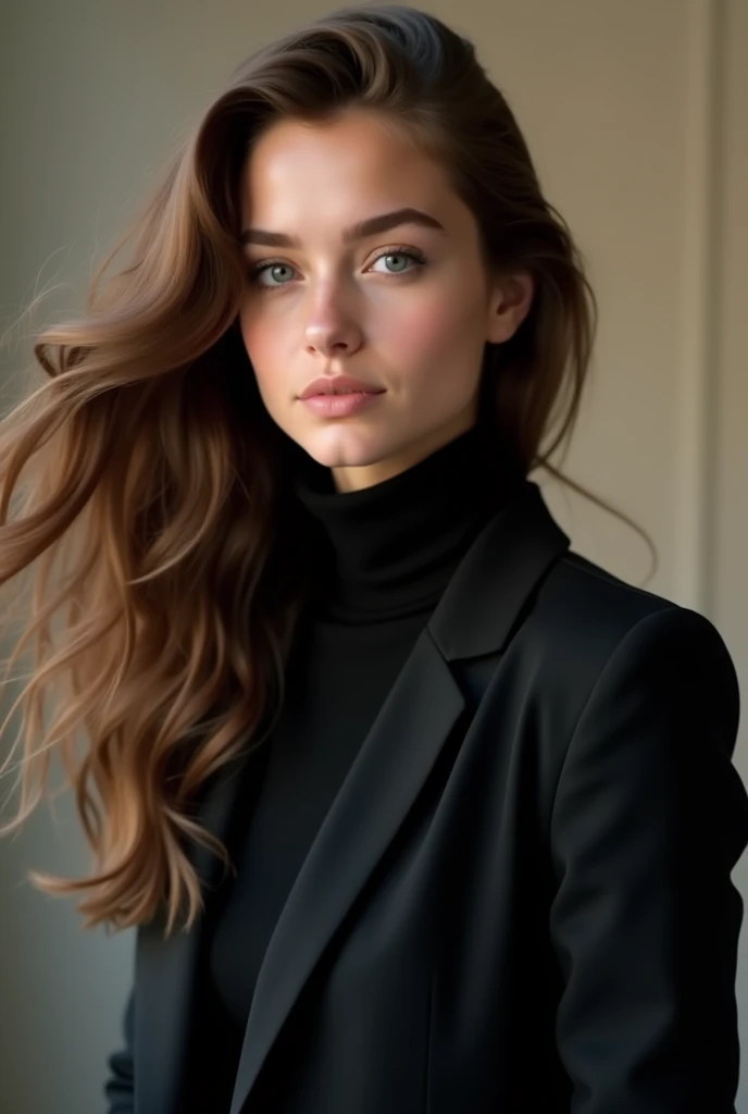 Cute European teen waves her hair, 18 years old black turtleneck jacket, black suit