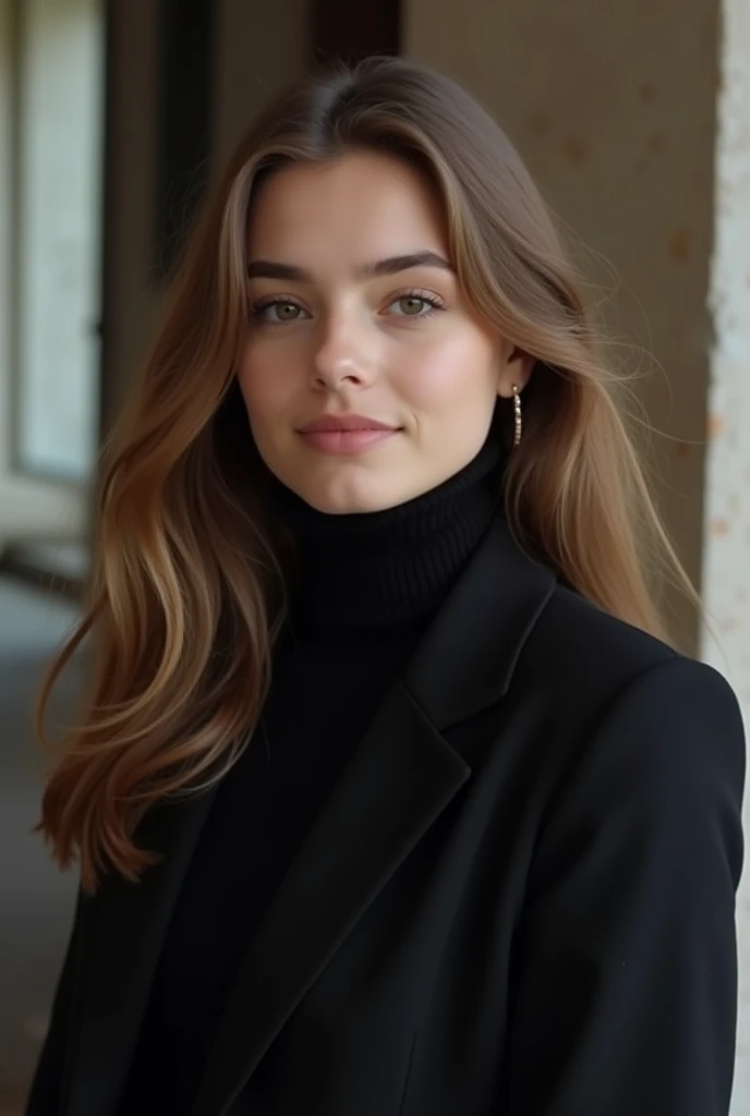 Cute European teen waves her hair, 18 years old black turtleneck jacket, black suit