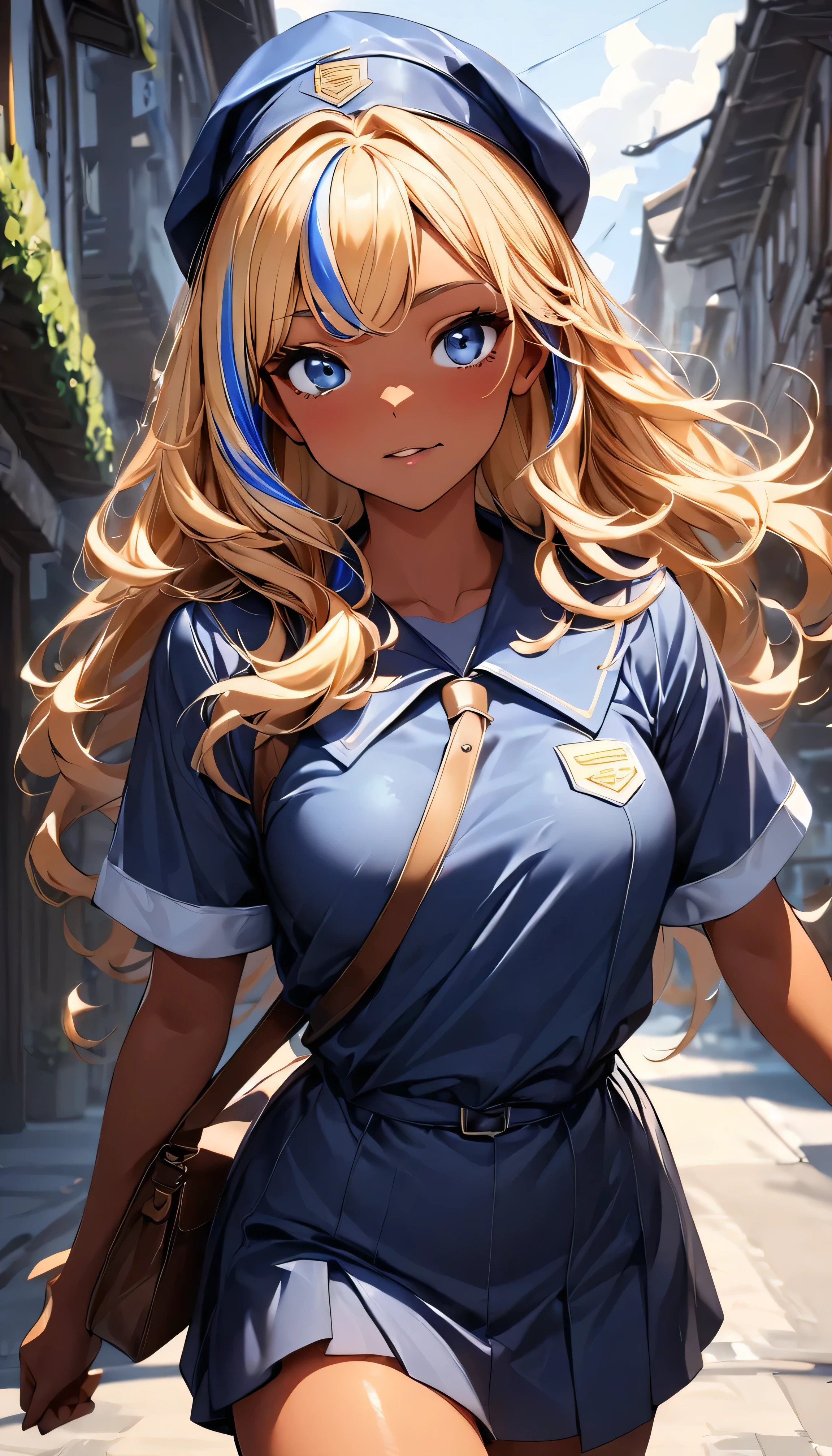 (highest quality:1.2, Very detailed, up to date, Vibrant, Ultra-high resolution, High Contrast, masterpiece:1.2, highest quality, Best aesthetics), Portraiture、girl、(slim:1), long hair, ((wavy hair:0.6))、messy hair, blonde and blue ((streaked hair:1.3)), highlights hair: 1.3, blue eye, medium breast, (tan skin:1.3), mailman blue costume, Bright colors、Beautiful fine details、Beautiful lip detail、shoulder mail bag, mailman blue cap, , town, running, (cowboy shot:1.5), look at viewer
