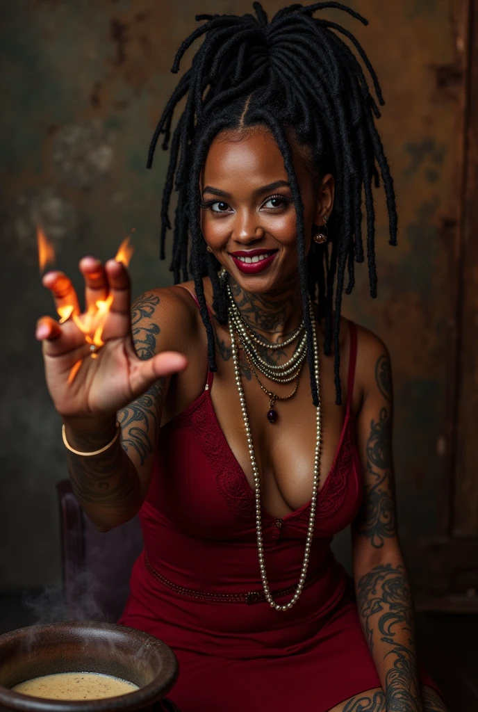Beautiful black voodoo witch casting a spell,pretty face,(((perfect hands))),slim,(((tattoos))),smirk,dreadlocks,cleavage,beads,red dress,cave,cauldron,potions