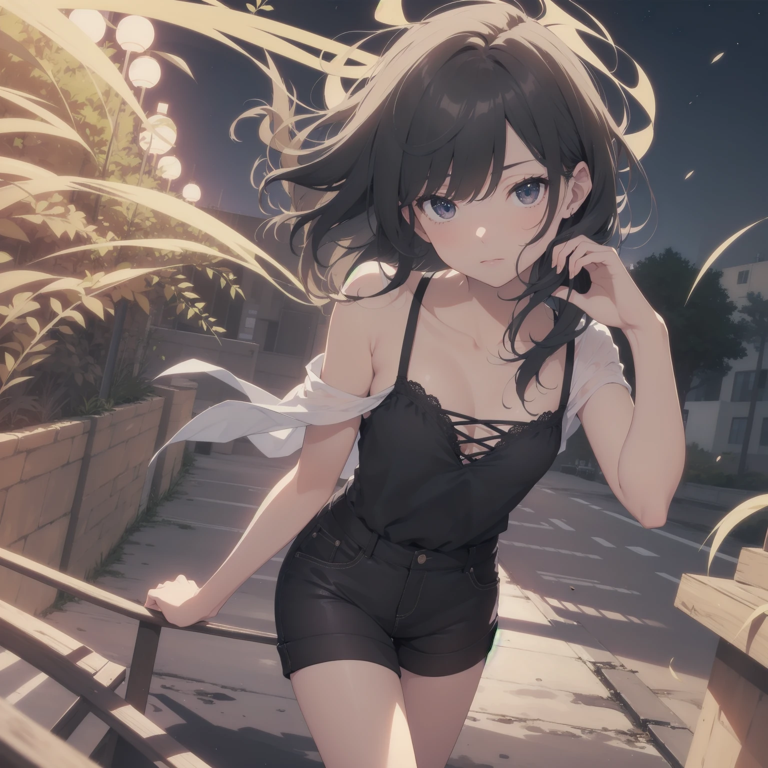 ultra-absurdres-Top quality by artist God, ultra-detailed, high resolution, anime moe artstyle, best anime 8k konachan wallpaper, pixiv contest winner, pool:2810, perfect anatomy,break, 1girl, ninja, (Please draw a girl walking sleepily alone. )break,(Solo,little female, 13-year-old:1.3),Full limbs, complete fingers,(very short hair), short cut, flat chest, , small butt, small black eyes, beautiful detailed eyes, well-proportioned iris and pupils, expressive eyes, highres detailed hair, soft expression, shorts,(Detailed Lighting), (Detailed background), night, in the meadow. break,super detailed skin, Best cinematic lighting powered by famous artist, 8k,beauty illustration,photoshop_(medium),very aesthetic,break,((artist:ayu_(mog) )), artist:clamp ,artist:carnelian ,artist:kantoku ,