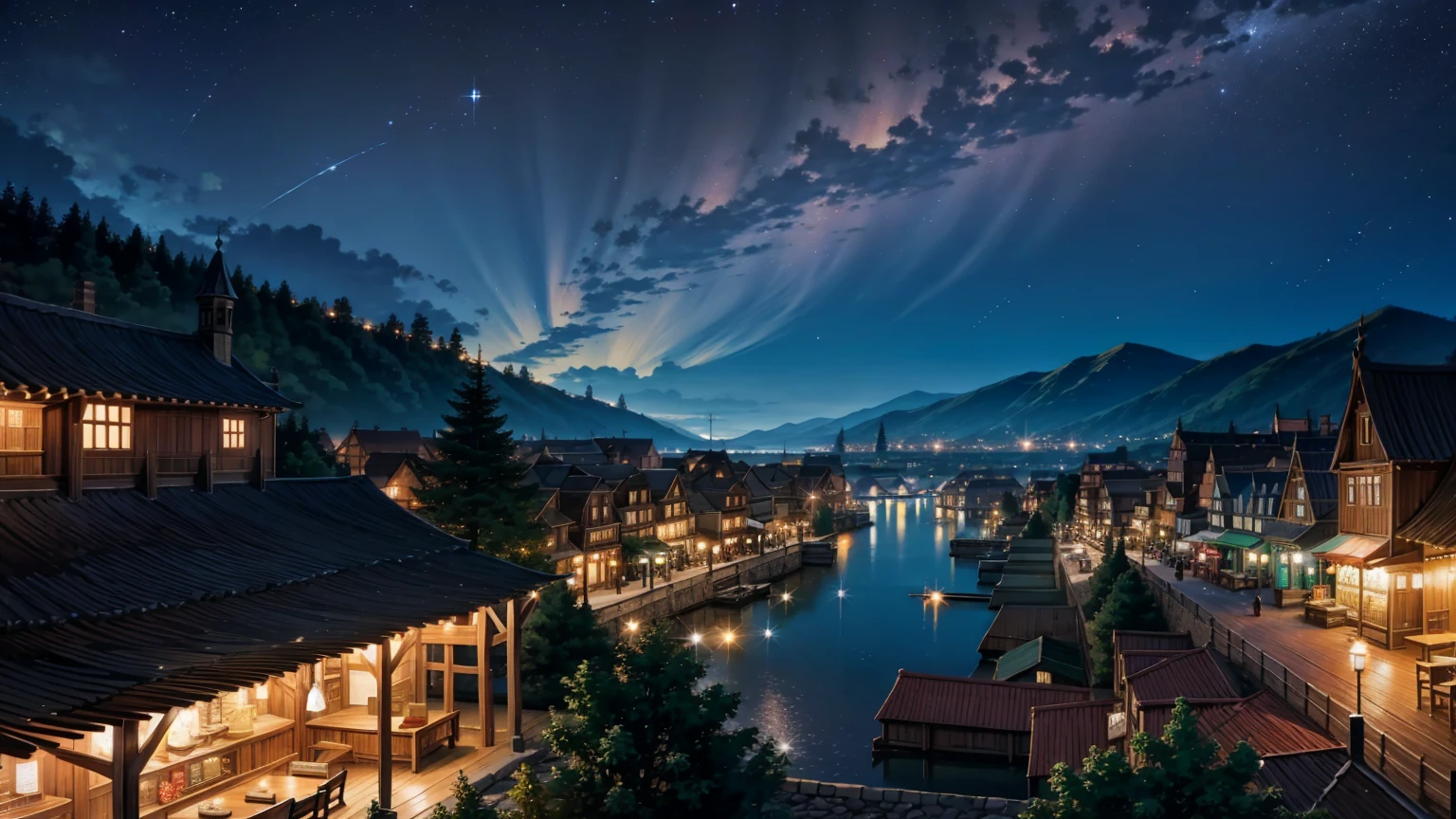 middle ages Fantasy Town Square Night view Starry Sky village festival people々