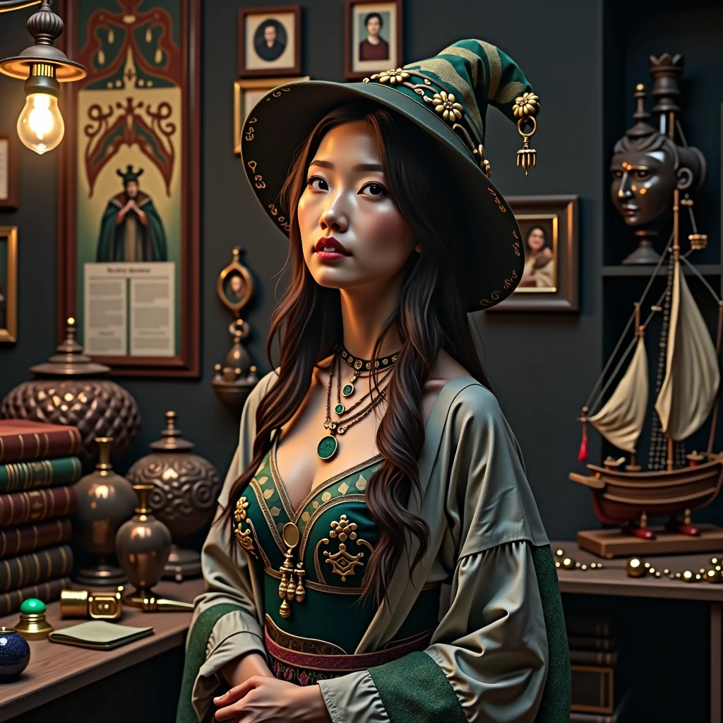 A young Asian witch wearing a witch robe mixed with gray and green kimono and a pointy witch hat, she is in a room with potions and books, IPA Awards, work of art, (((intricate ship, Lomonosov art, wide angle lens f/2.8, Insane ultra high resolution intricate textures, texture indentation, perfect perspective, ultra perfect geometry, ultra insane ambient lighting, ultra insane ambient shadows, ultra luminism, Global illumination, ultra detailed busy background, natta, tessellation, maximalism, perfectionism, IPA Award wining work of art, insane details)))