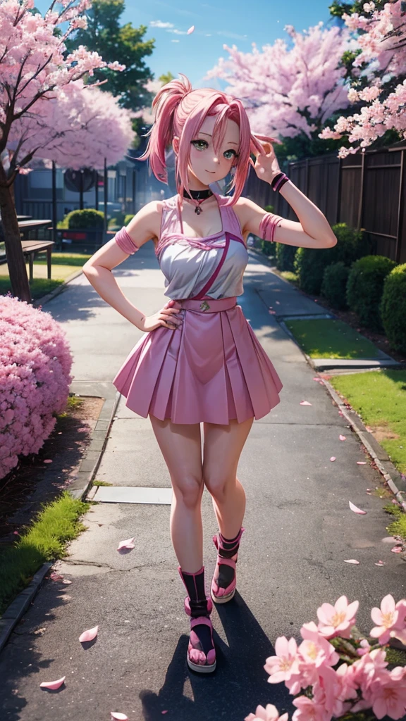 Anime girl with pink hair and green eyes posing for a photo., Sakura Haruno, Best Anime 4K Konachan Wallpaper, seductive anime girl, I will also make fanart., sakura petals around, loli anime splatter, 4K anime style, Moe anime art style, high quality anime art style, detailed anime illustrations, Anime Wallaper, best anime girl