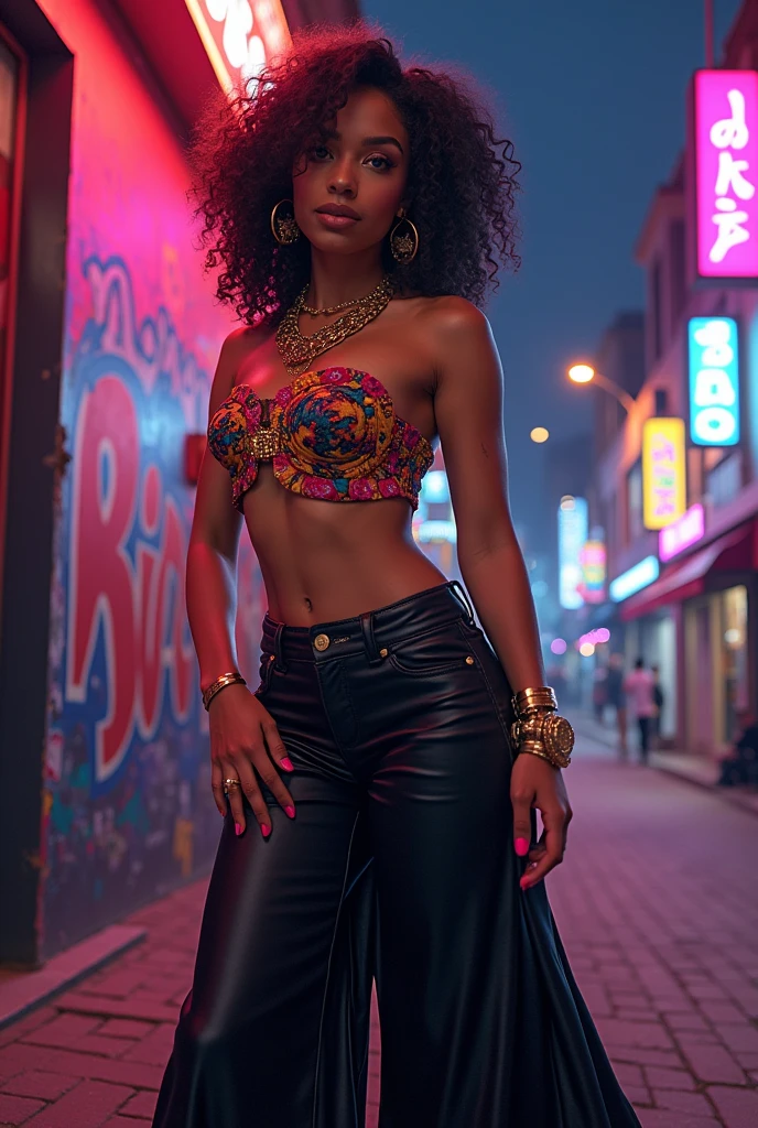 (obra de arte),(melhor qualidade), ilustração, (fantasia:1.4), A young woman in a reggaeton-inspired outfit: a fitted crop top with bold patterns, high-waisted leather pants, and heeled ankle boots. She accessorizes with chunky gold jewelry, including a statement necklace and hoop earrings. Her pose is confident and sensual, with one hand on her hip and a slight, playful smile. The background features a vibrant urban scene with neon lights, graffiti, and a lively cityscape at night, adding to the energetic and edgy atmosphere. Super Detalhe, preciso, melhor qualidade, Ultra HD, Pele texturizada, vestido longo, close-up