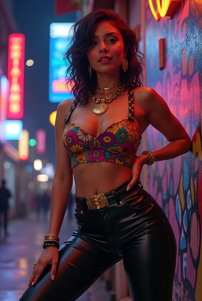 (obra de arte),(melhor qualidade), ilustração, (fantasia:1.4), A young woman in a reggaeton-inspired outfit: a fitted crop top with bold patterns, high-waisted leather pants, and heeled ankle boots. She accessorizes with chunky gold jewelry, including a statement necklace and hoop earrings. Her pose is confident and sensual, with one hand on her hip and a slight, playful smile. The background features a vibrant urban scene with neon lights, graffiti, and a lively cityscape at night, adding to the energetic and edgy atmosphere. Super Detalhe, preciso, melhor qualidade, Ultra HD, Pele texturizada, vestido longo, close-up