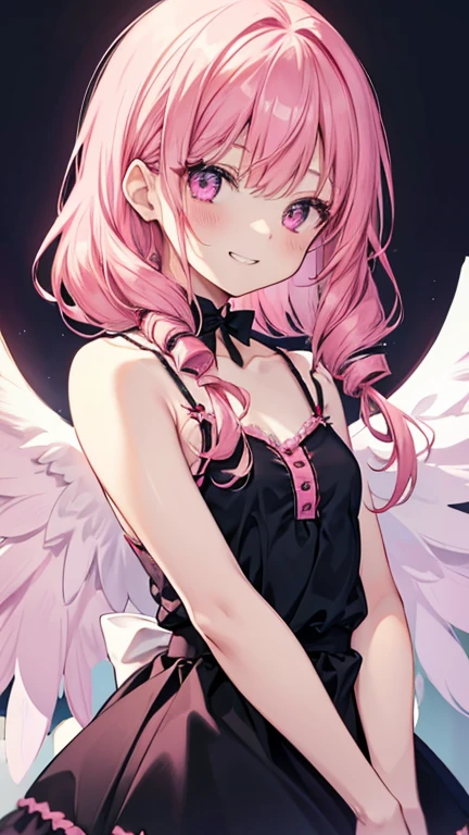 Wicked Smile、((Grin))、Small breasts、((Pink camisole))、Cute Girls　Gothic Nurse Clothing　Red hair　Drill Hair　真front　Angel&#39;s wing　Devil&#39;s Tail　tooth　Background white　Upper Body　　One person　front　garter belt　Patsunpatsun　Brat