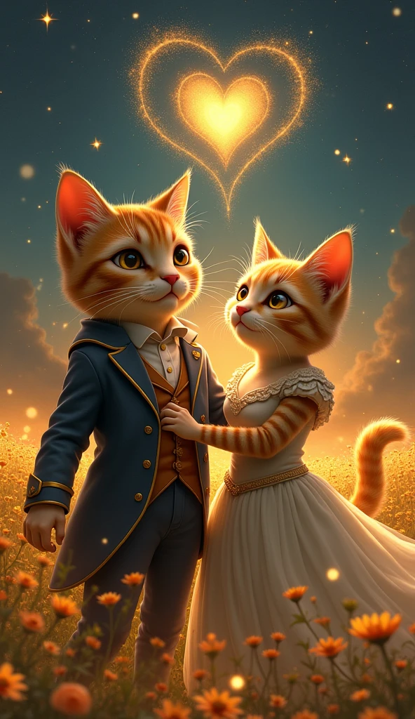 Scene 7: The Enchanted Carriage Ride
Title: A Bold Journey of Love
Description: The boy cat and the lady cat step into a golden carriage, their contrasting sizes creating a captivating and romantic visual. His protective arm wraps around her small but strong figure. As they ride through fields of glowing flowers, the stars above form a heart, symbolizing their deepening connection. The lady cat’s curvaceous figure, highlighted by her elegant gown, adds both strength and allure to the scene, making it enchanting and deeply romantic.
