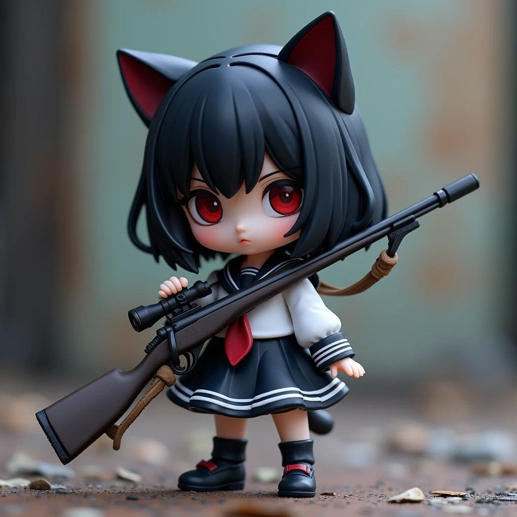 Chibi-chara ta girl wearing a sailor uniform with cat ears holding a sniper rifle
More mysterious, doll-like, a bit more Japanese-style, more doll-like, not cute, more cute, cute taste is fine, but with a cuter face, so it doesn't look like an anime, doll, Japanese-style doll, not like an anime, Nendoroid, black hair, bob cut, Nendoroid, more Western-style, more doll-like, Western-style doll, French doll, mysterious atmosphere