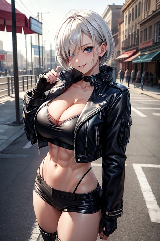 angelms, jacket, navel, hair over one eye, gloves, fingerless gloves, blue eyes, cleavage, outdoors, chaps, smile, underwear, cropped jacket, short hair, looking at viewer, road, huge breasts, white hair, black gloves, black jacket, street, stomach, ahoge, crop top, day, leather, panties, bra, cowboy shot, midriff, solo focus, leather jacket, cowboy boots, boots, beauty, beautiful girl, perfect face, sexy,hypermuscle, hyper muscles, abs