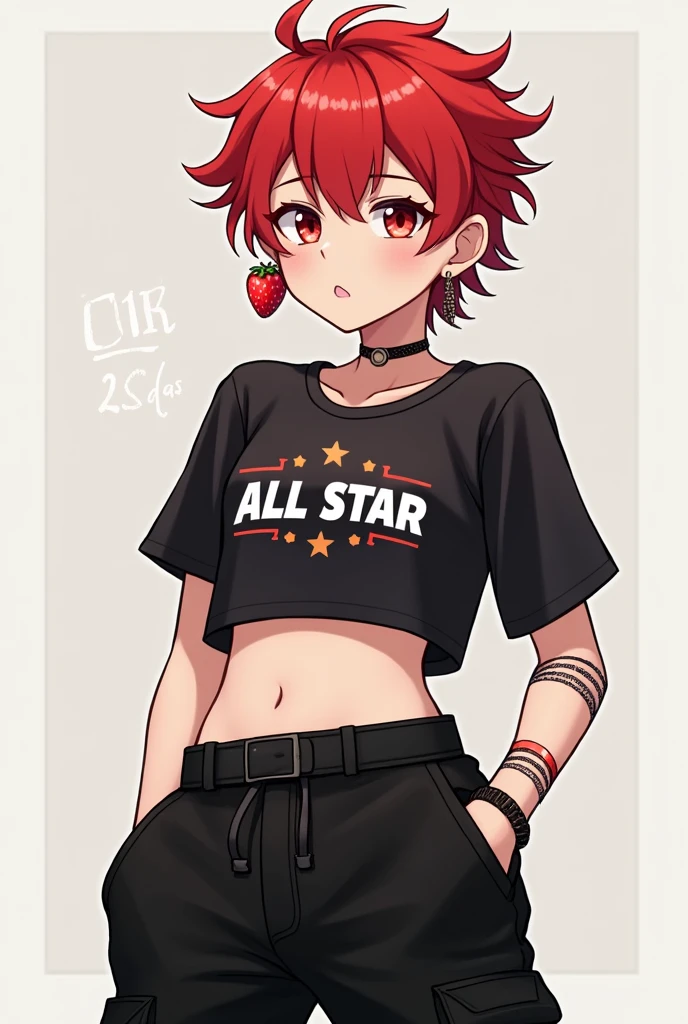 Make me a red haired boy with a strawberry earring an ALL star a black cargo pants a cropped top