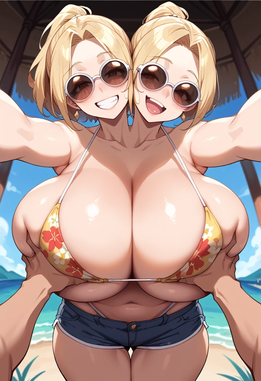 2heads, a skinny woman with 2 heads. She is outside at the beach. She is wearing a floral bikini top, wearing shorts. She has blonde hair in a ponytail. Deep cleavage. Mature face. She is blushing. Wearing sunglasses. She looks seductive and lustful. She has gigantic breasts. She is tall. Mature, gorgeous face. Happy, smiling. Fake tits. Huge round breasts. POV breast grabbing, POV arm squeezing breasts, viewer touching breast.