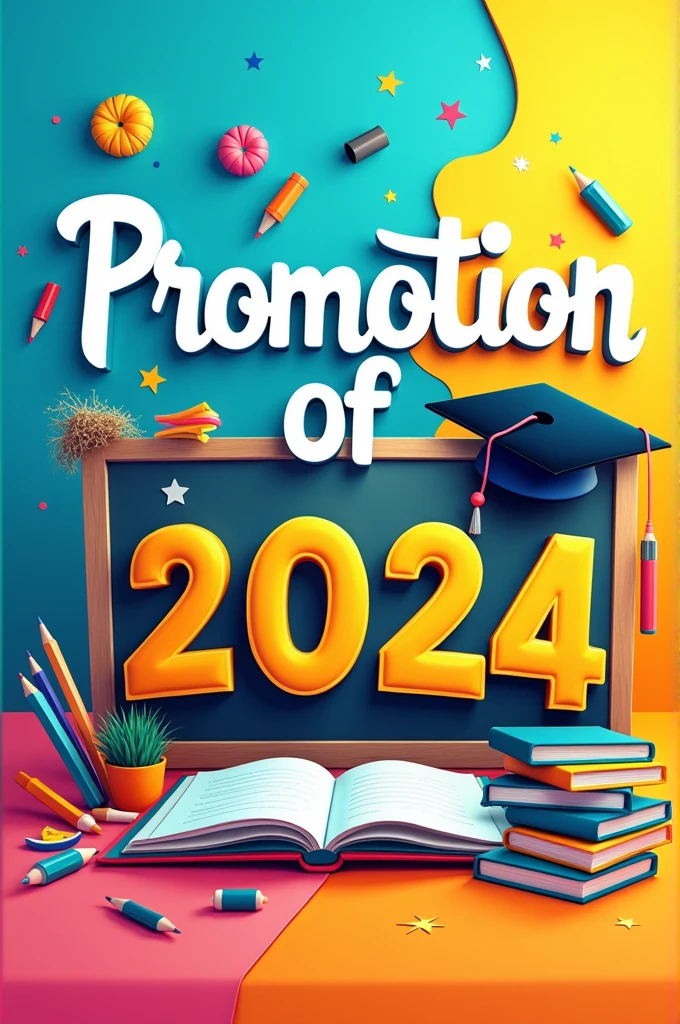Yearbook cover for a high school class. The design should be colorful and cheerful, with a vibrant background in shades of blue and yellow. In the middle, includes the text &#39;Promotion of 2024&#39; in a large, bold font. Add illustrations of school supplies, like books, pencils and a blackboard. Also includes a space for the school name and a small image of a graduation., like a graduate hat.