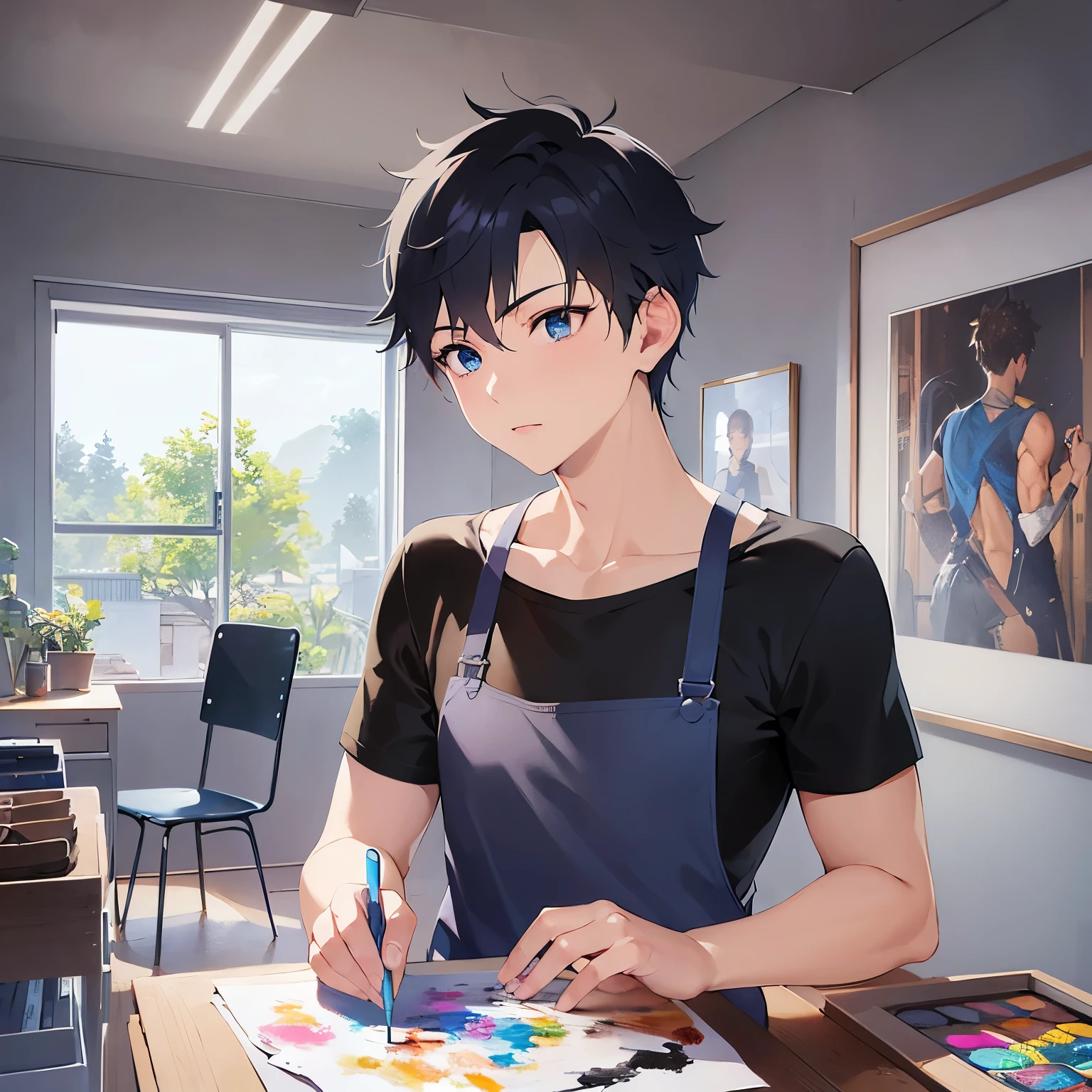 (looking away:1.5),upper body、Side shot、Setting up a canvas、(Mixing on a paint palette:1.5)、
shiny skin, masterpiece、Highest quality、
(25-year-old male:1.5) and (Black short hair) and (blue eyes),
(black T shirts)、apron、canvas、
Serious,Art Room