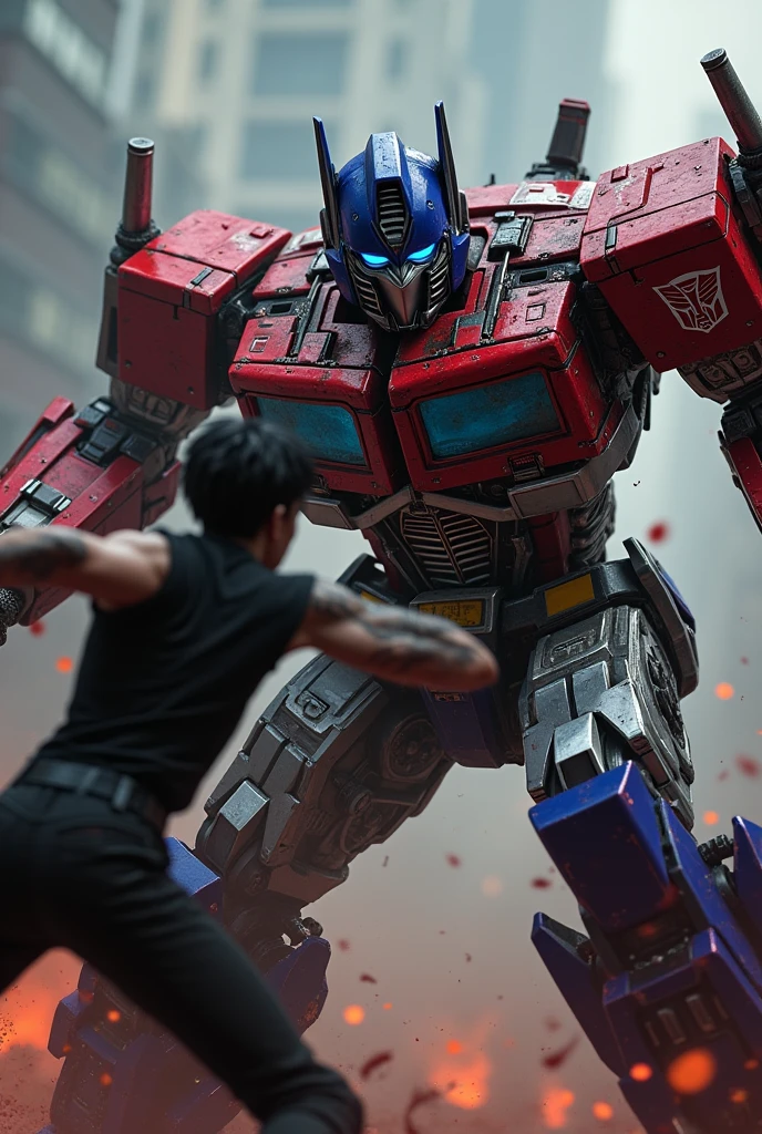 a detailed portrait of Optimus Prime fighting Kirito, hyperrealistic, highly detailed and intricate, dramatic lighting, intense battle scene, Optimus Prime charging at Kirito with his arm cannon, Kirito wielding his sword and covered in blood, epic action pose, cinematic composition, unreal engine, dark and gritty color palette, dramatic shadows and highlights, 8k, photorealistic, masterpiece