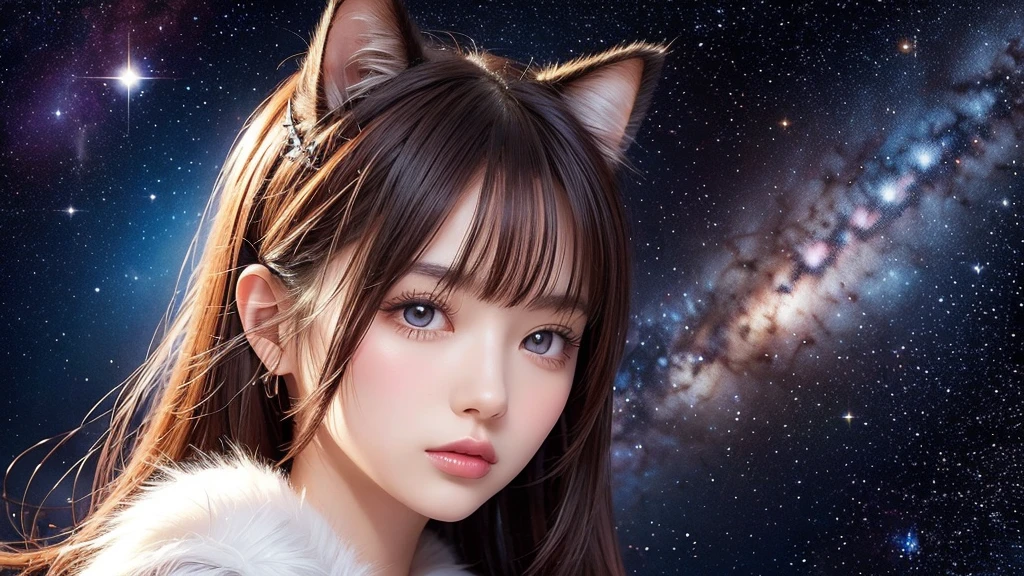 Portraiture (Strass) In space, Colors of the universe, Magnificent watercolor style, (Look to the side:1.1), Furry, (alone:1.1), There is a cat, Highest quality、１６ｋ、