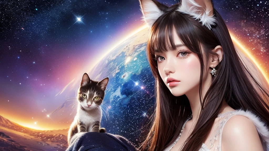 Portraiture (Strass) In space, Colors of the universe, Magnificent watercolor style, (Look to the side:1.1), Furry, (alone:1.1), There is a cat, Highest quality、16k、