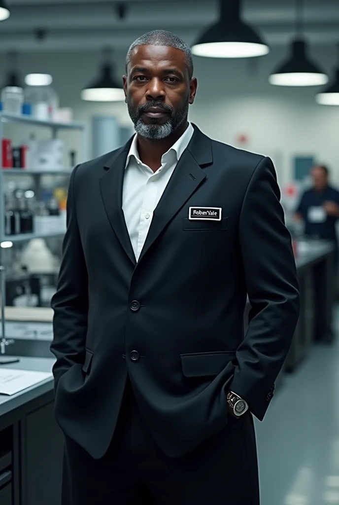 A black college professor in a black lab coat with the name: RoberthVale