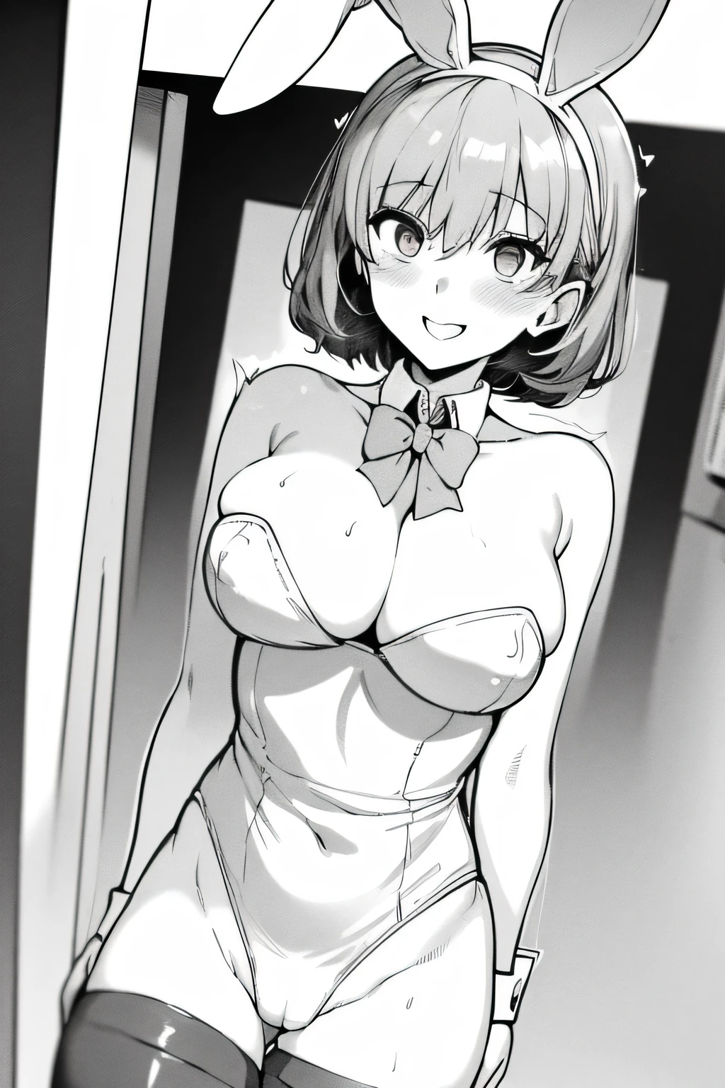 ((The best image quality、the best、1 girl、Drawing in detail))、
Light pink hair、short hair、Short Hair、Barrette、
Red eyes、Large Breasts、Big Breasts、Cleavage、Slim face、
((Playboy Bunny、White Bunny Girl、Rabbit-eared headband、Crotch line、black tights、Provocative look、smile、Exposed shoulders、Heart Pupil))、
School、School building、school gate、darkness、Drawing men into her surroundings、Faceless Man、
looking at the camera、