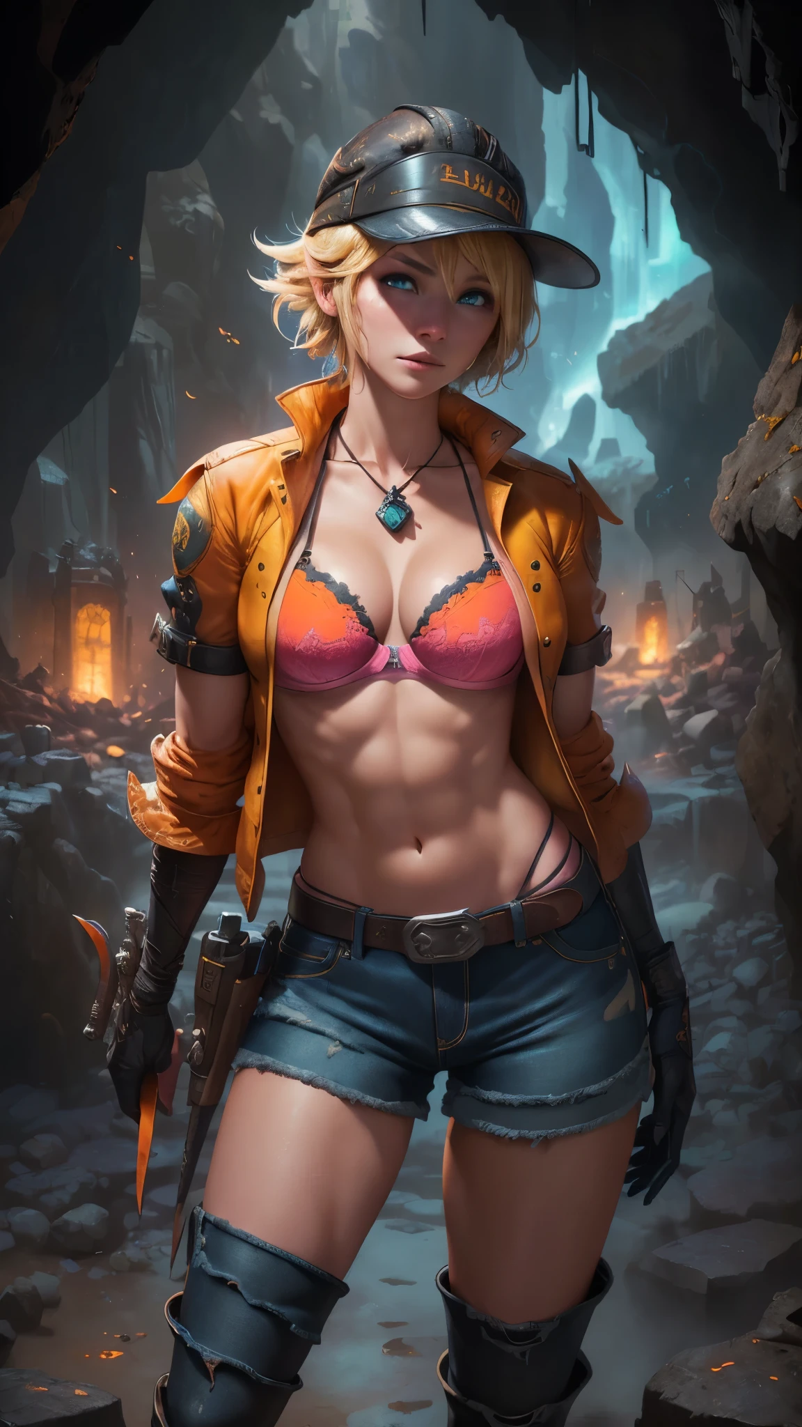 (The best quality,A high resolution,Ultra - detailed,actual),Cindy Aurum  Fantasy XV,(85mm F/1.4) , (Cindy has short blonde hair:1.4) , green eyes and a slightly tanned complexion, (His attire consists of an orange cap with the Hammerhead sign:1.4) ., a pair of black gloves, (a yellow jacket:1.4) , (a salmon bra:1.4) , (a pair of black welding :1.4) , (some denim shorts:1.4) , a brown tool belt, black stockings and a pair of white high-heeled boots, ,(Dungeon ruins background ruins large stones cavern cave :1.4 ), epic fantasy art style hd, 4K fantasy art, epic fantasy digital art style, epic fantasy art style, Fantasy Woman, epic fantasy art portrait, Epic fantasy style, hyperrealistic fantasy art, hd fantasy art, epic fantasy character art, epic fantasy art, in style of dark fantasy art, epic fantasy digital art, high quality, (raw photo, best quality), (realistic, Photorealistic: 1.4), (extremely delicate and Beautiful: 1.4), Amazing, fine details, masterpiece, Ultra detailed, high resolution, best illustration, best shadow, intricate, ( extremely intricate: 1.2), (exquisitely detailed skin), cinematic light, Perfect anatomy, (cool color: 1.4), Sharp focus, 8K UHD, DSLR, (Fujifilm XT3),(cowboy pose :1.4),( cinematic lighting :1.4),( bright colors :1.4),(Cindy Aurum Fantasy XV:1.4), (Cindy Aurum V2.1),( face detailed :1.4), More detailed 8K.motor irreal:1.4,UHD,La mejor calidad:1.4, fotorrealista:1.4, textura de la piel:1.4, obra maestra:1.8,obra-prima, mejor calidad,objeto Objeto], (detailed face features:1.3),(Las proporciones correctas),(Ojos hermosos azules), (((85mm F/1.4)), (bikini bra pink :1.4), ((pose vaquero :1.4)),( pose medio cuerpo), (Cindy Aurum :V2.1 ), (visor cap orange :1.4),( anatomía perfecta detallado :1.4) 