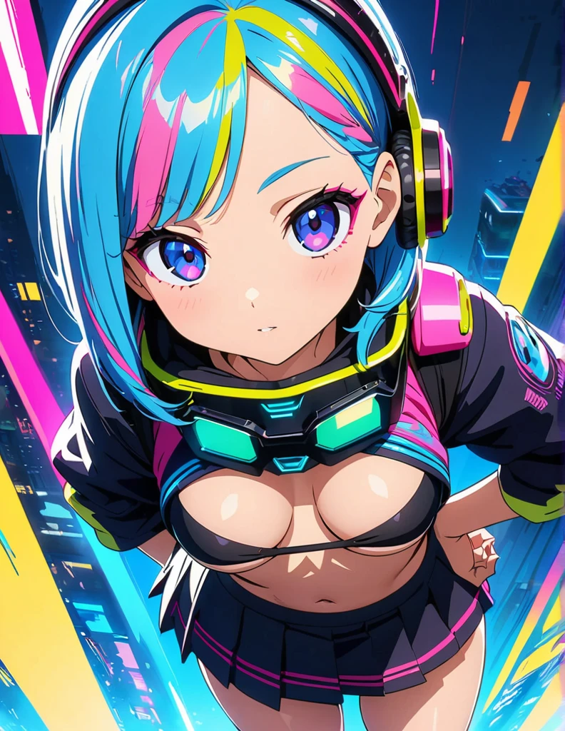 (anime artwork, anime style, studio anime, very detailed, up to date, vibrant, Anime Coloring, high contrast, masterpiece:1.2, best quality, best aesthetics),1 girl,cyber punk clothes, Medium chest, A glimpse of thighs,cyber punk hair, One eye is hidden by the bangs, perfect proportions, high detail skin, Cute, detailed faces, cutout between underboob and shirt,very short pleated miniskirt,makeup, smart phone, head phone wear around the neck,