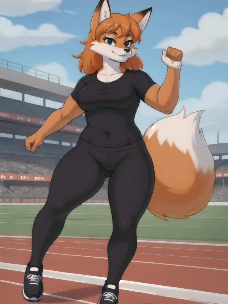 Furry, fox, female, black shirt, black leggings, shoes, running track, friends, full body