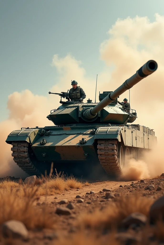 (Highest quality、masterpiece、8k))、Mechanically correct、Very detailed、High resolution、Cinematic lighting、Realistic、Intricate details、((Dynamic composition))、Armored Tank、camouflage、Rising dust、Veteran Tank