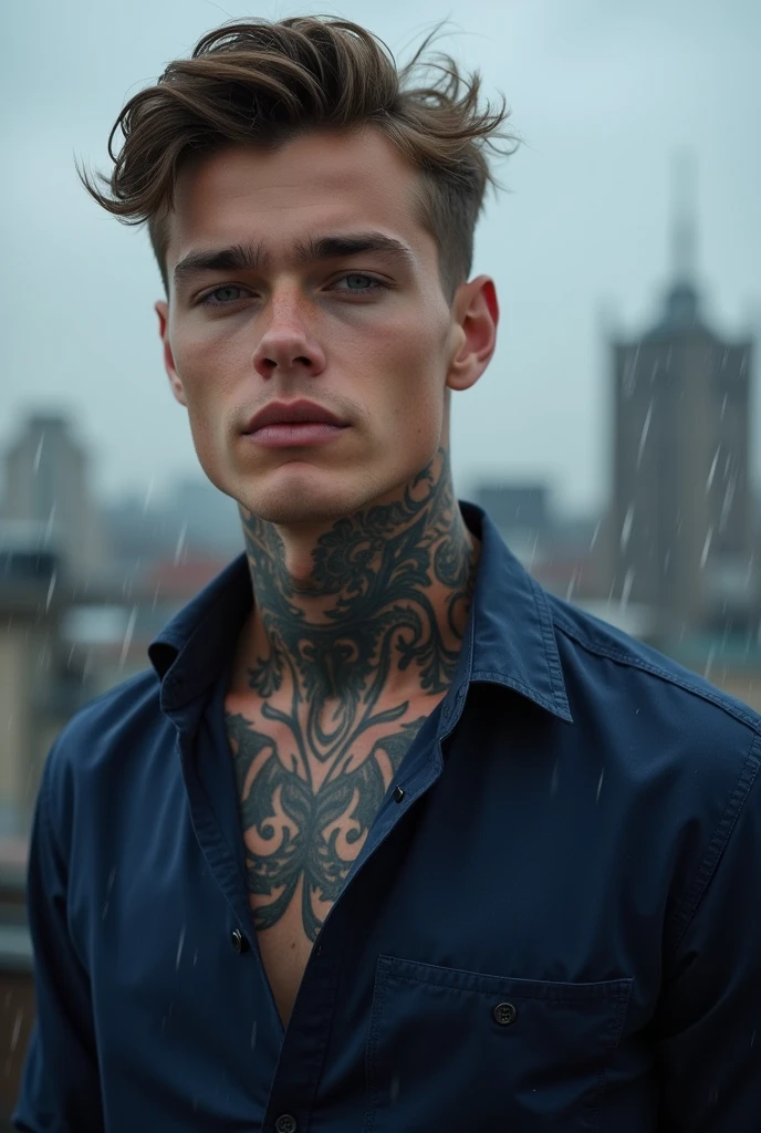 A 24 years old young man attractive handsome pretty face detailed athletic tattoo on neck and a navy blue dress shirt seductive manly on rooftop light wires rainy afternoon